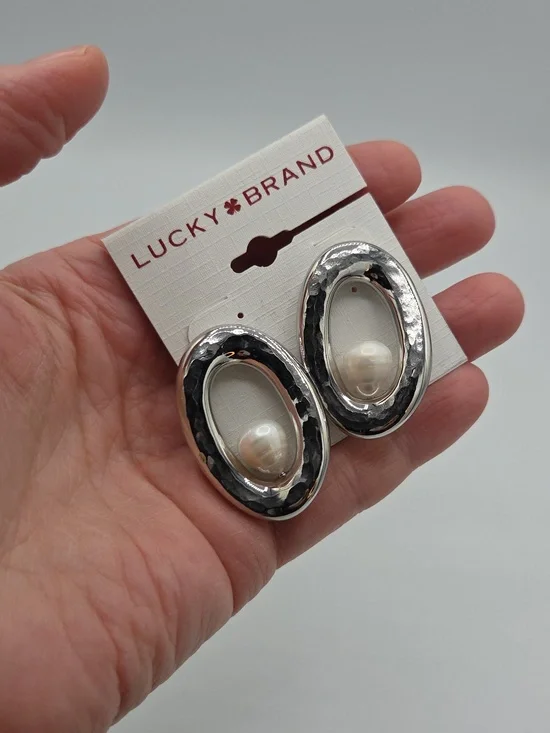 5 for $25! Lucky Brand Silver Tone Oval Pearl Drop Earrings - Picture 2 of 5